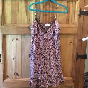 No Boundaries Pink Floral Slip Dress with Brown Lace Trim